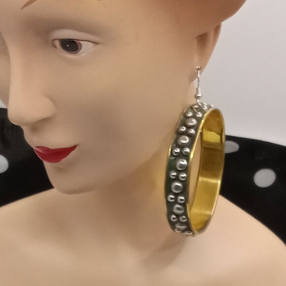 Black Studded Brass EARRINGS 2 Inch Pierced Goth Punk Boho India - Picture 6 of 6